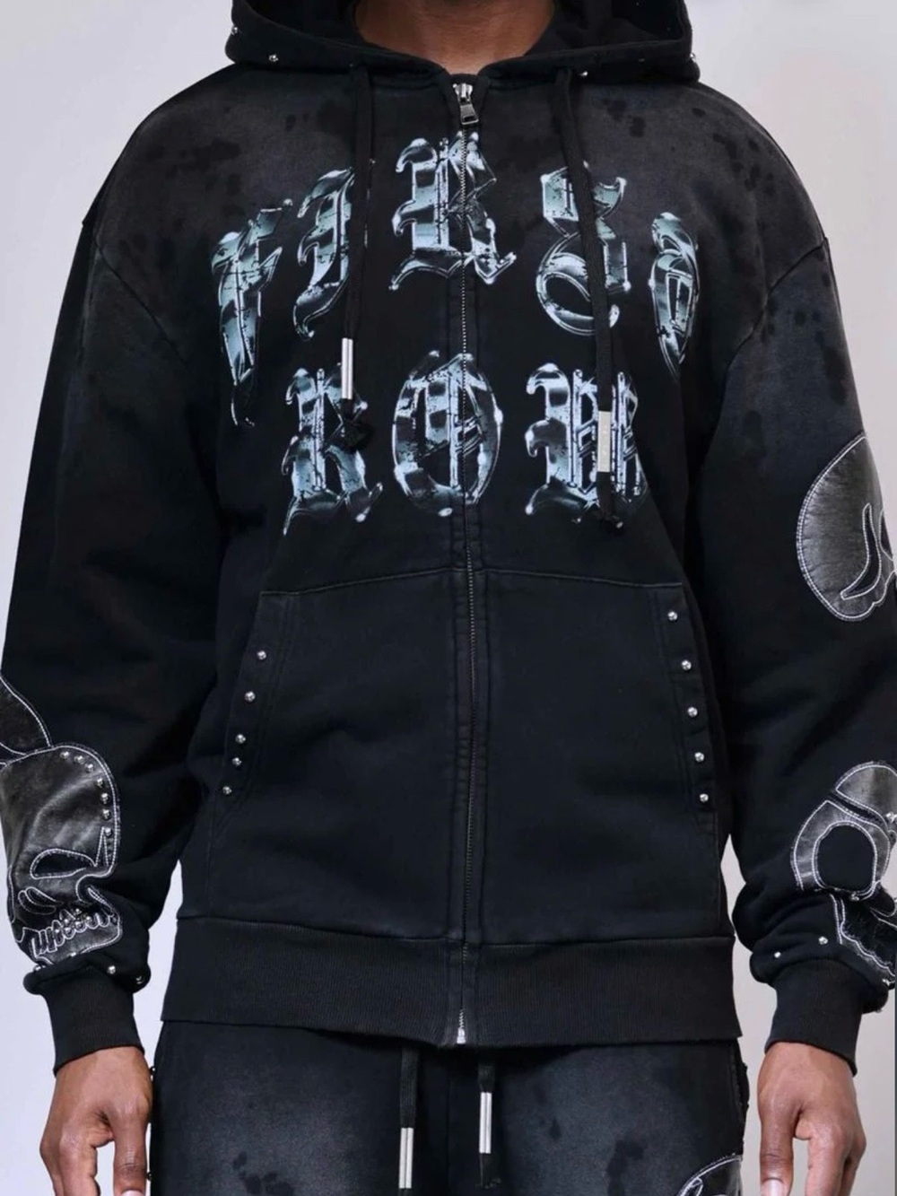 Black Zip-Up Hoodie with Gothic Chest Graphic